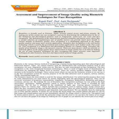 Assessment and Improvement of Image Quality using Biometric Techniques for Fa...