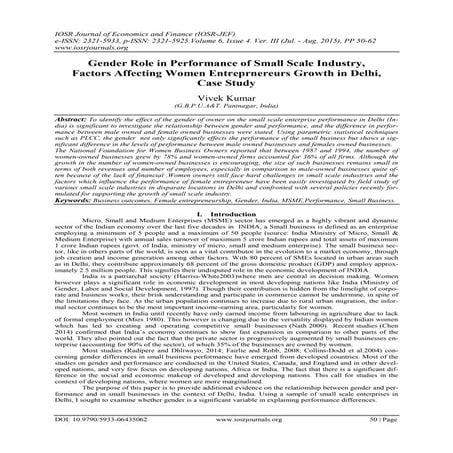 Gender Role in Performance of Small Scale Industry, Factors Affecting Women E...