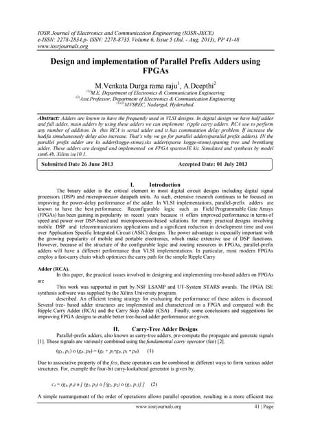 Design and implementation of Parallel Prefix Adders using FPGAs