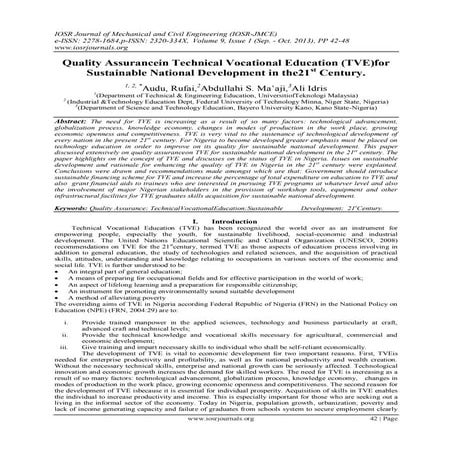 Quality Assurancein Technical Vocational Education (TVE)for Sustainable Natio...
