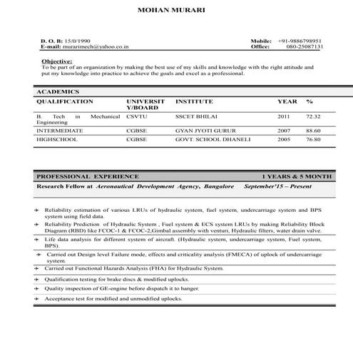 MOHAN RELIABILITY RESUME