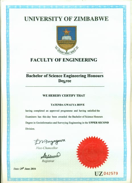 University of Zimbabwe Certificate