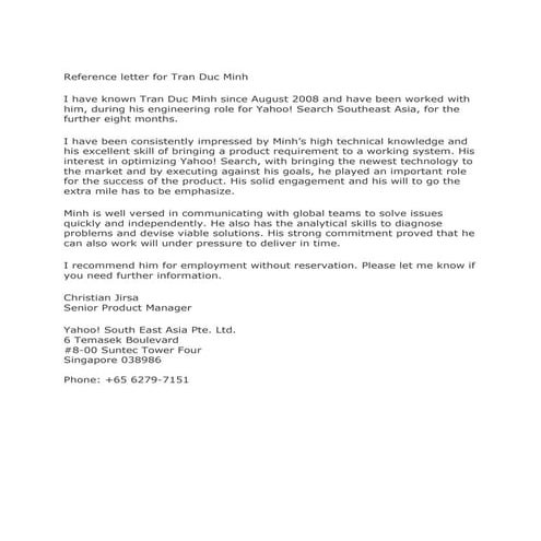 Reference letter for Tran Duc Minh