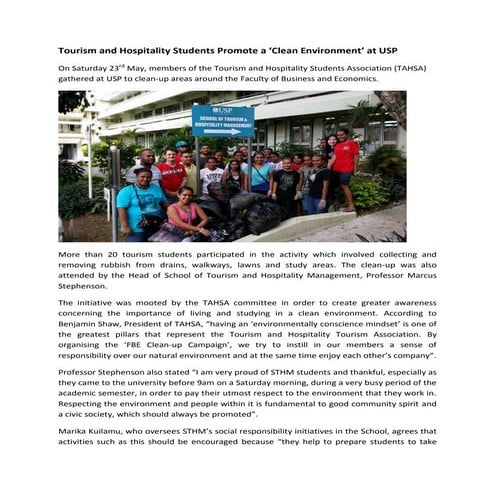 TAHSA. Promoting a 'Clean Environment' at USP