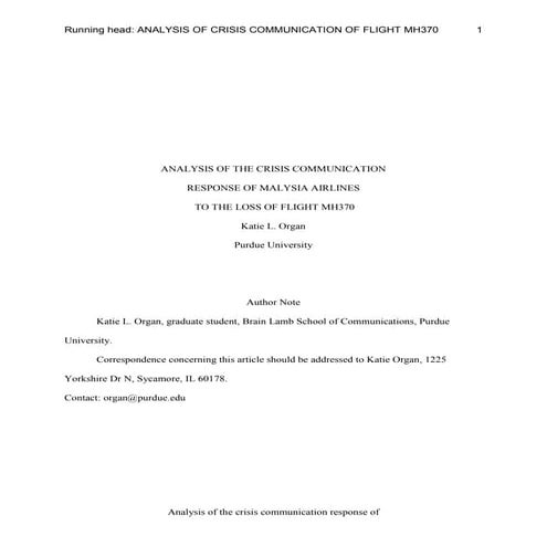Analysis of the Crisis Communication Response of Malysia Airlines to the Loss...