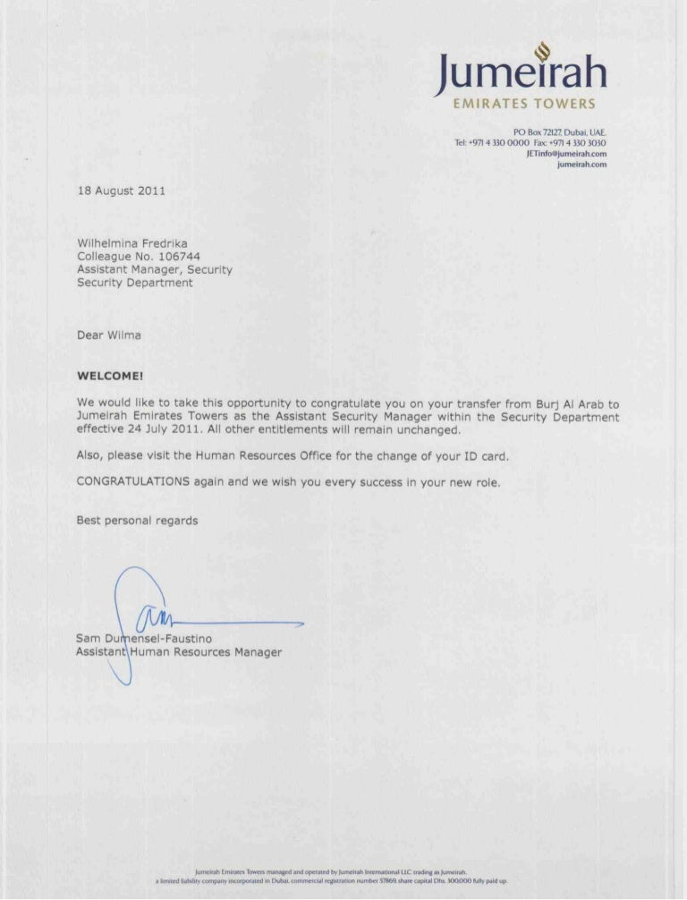 Letter of Emirates Towers Hotel