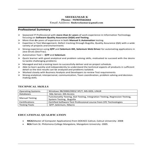 Sreekumar_6+ Years QA Manual AutomationQTP Tester Resume