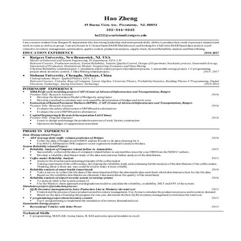 Resume Hao Zheng