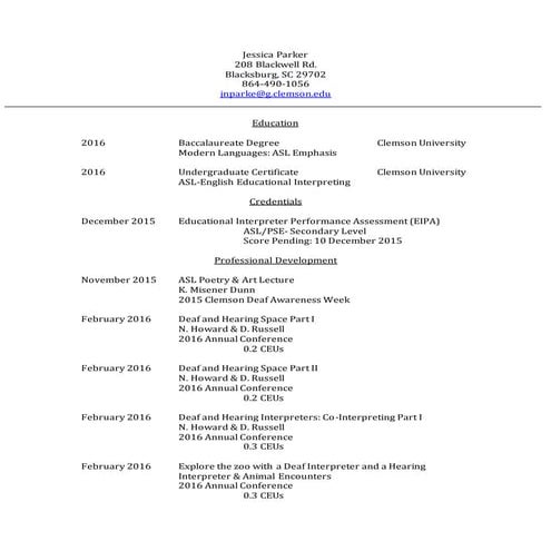 Jessica Parker Interpreting Resume