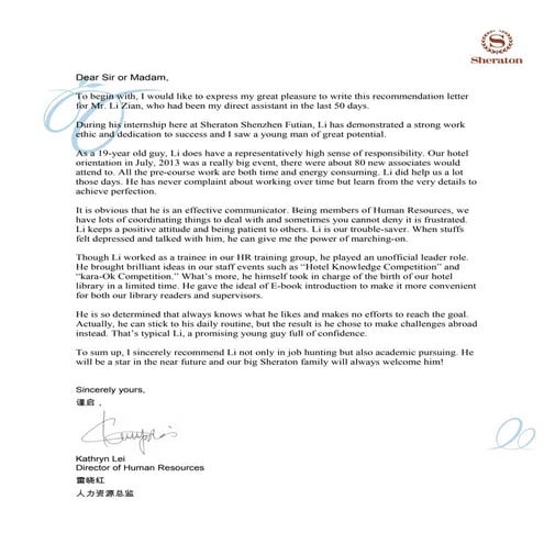 Recommandation Letter Sheraton Tianjin.PDF