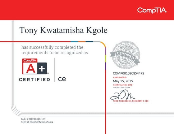 CompTIA A+ ce certificate | PDF