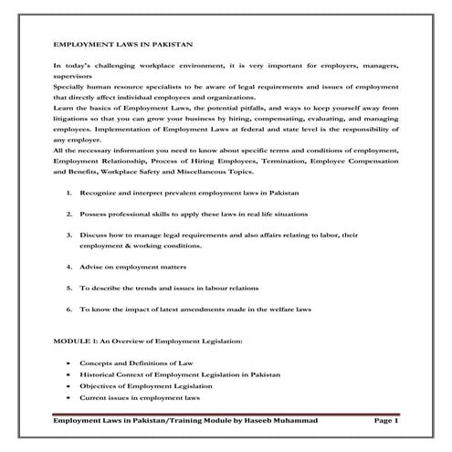 Training Module- Employment Laws in Pakistan