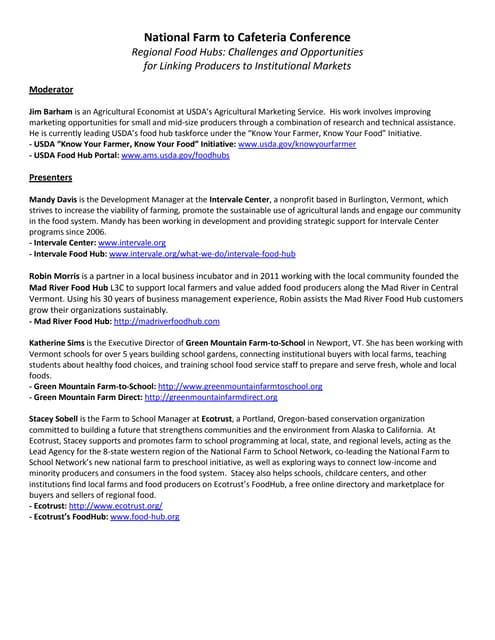 Regional Food Hubs: Challenges and opportunities for linking producers to regional markets - handout 
