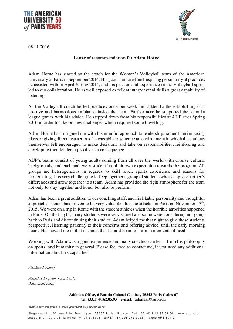 letter of recommendation for adam horne coaching letter of recommendation