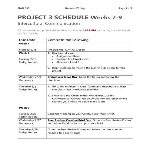 English 313 Project 3 Schedule-F2F-TTH