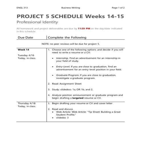 English 313 Project 5 Schedule-F2F-TTH