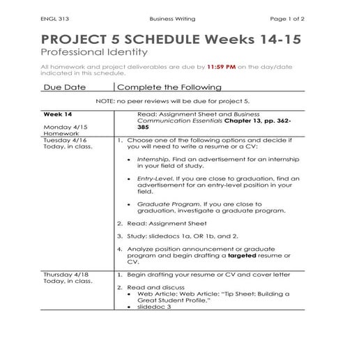 F2F_Project5_Schedule_Engl313_Spring2019