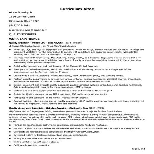 Albert Brantley Jr Curriculum Vitae