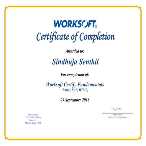 Worksoft Training Certificate Sindhuja | PDF