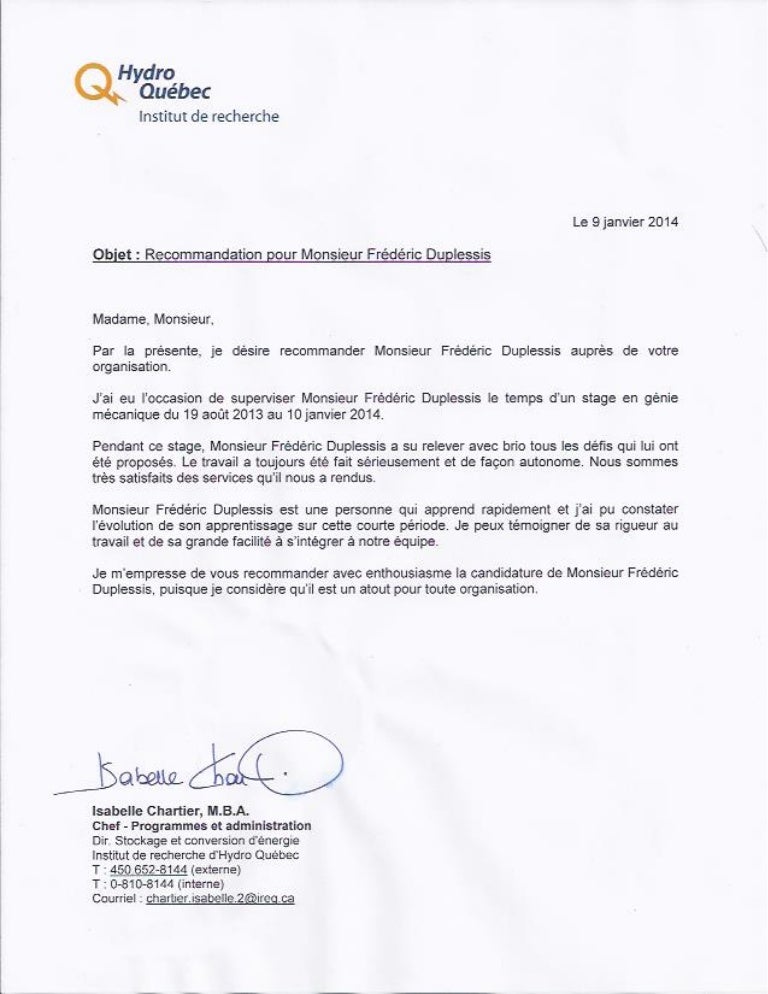 Quel Site Utilise Des Algorithmes De Recommandation Lettre de recommandation de Hydro-Québec Frédéric Duplessis