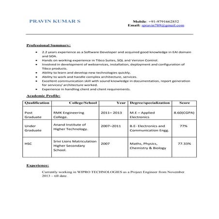 Pravin Kumar Resume