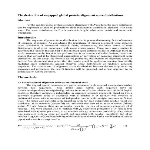 The derivation of ungapped global protein alignment score distributions - Part1