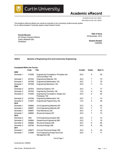 Academic Transcript UNSW | PDF