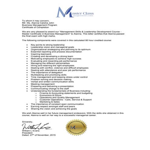 Certification Reference Letter - Ms. Alanna Calisha John