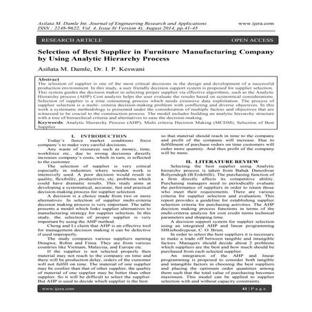 Selection of Best Supplier in Furniture Manufacturing Company by Using Analyt...