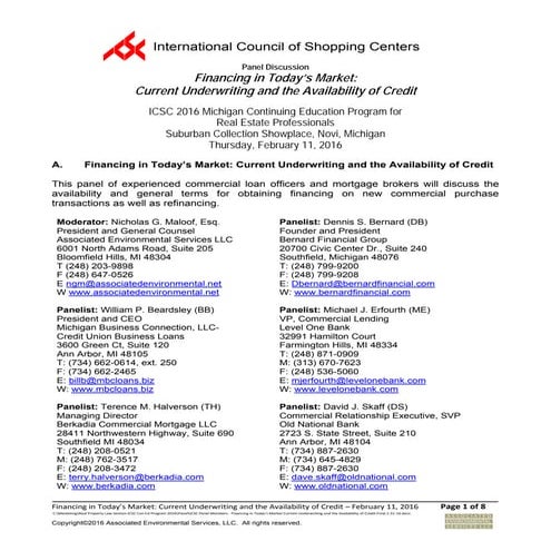 ICSC Panel Members - Financing in Today’s Market Current Underwriting and the...