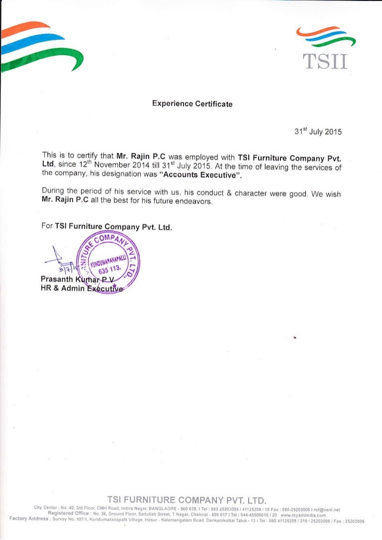 TSI EXPERIENCE CERTIFICATE