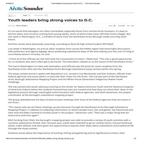 Youth leaders bring strong voices to D.C (The Arctic Sounder July 2015)
