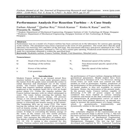 Performance Analysis For Reaction Turbine – A Case Study