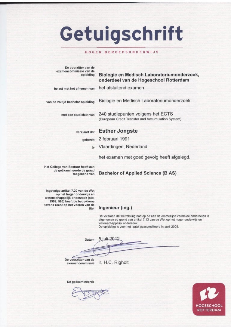Bachelor Diploma (HLO Rotterdam)
