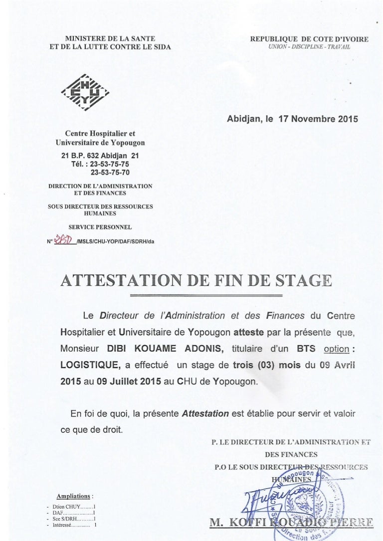 ATTESTATION DE FIN DE STAGE CHU