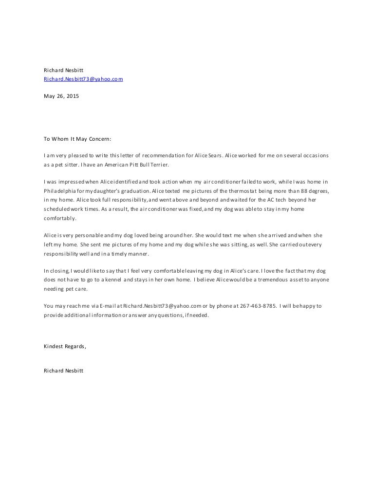 richard pet reference pet sitter letter of recommendation