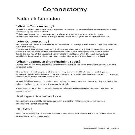 Coronectomy patient leaflet