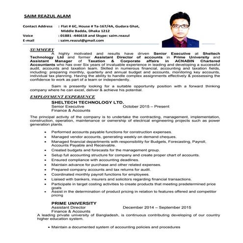 Resume of Saim Reazul Alam