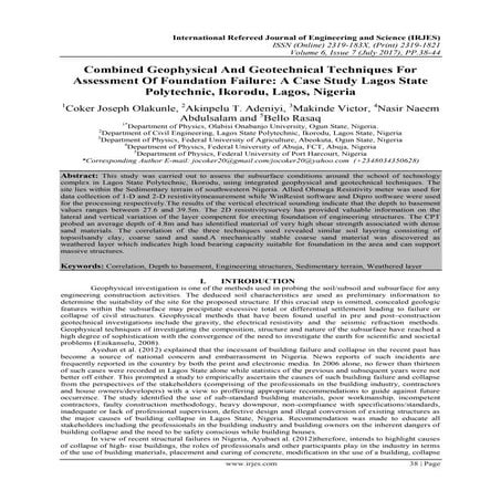 Combined Geophysical And Geotechnical Techniques For Assessment Of Foundation Failure: A Case Study Lagos State Polytechnic, Ikorodu, Lagos, Nigeria