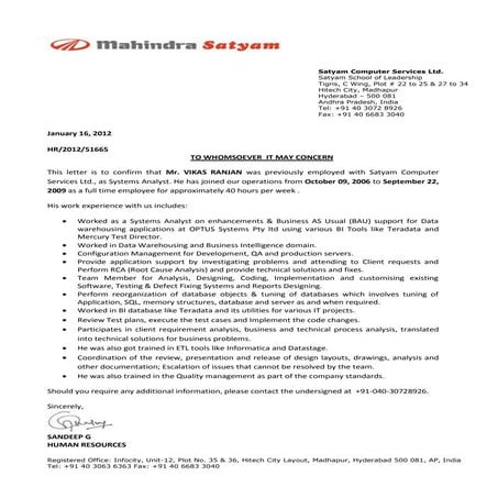 Previous Employer (Mahindra Satyam) Service (skill reference)letter