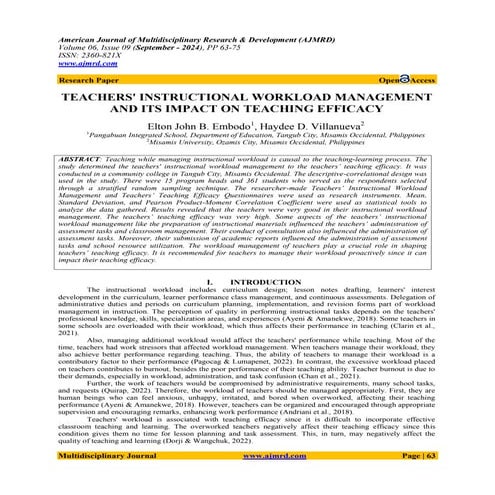 Teachers' Instructional Workload Management and Its Impact on Teaching Efficacy