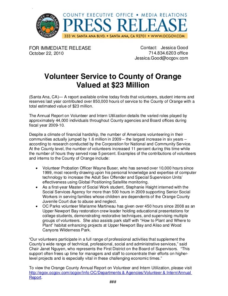 10 22 10 press release volunteer service to county valued at 23