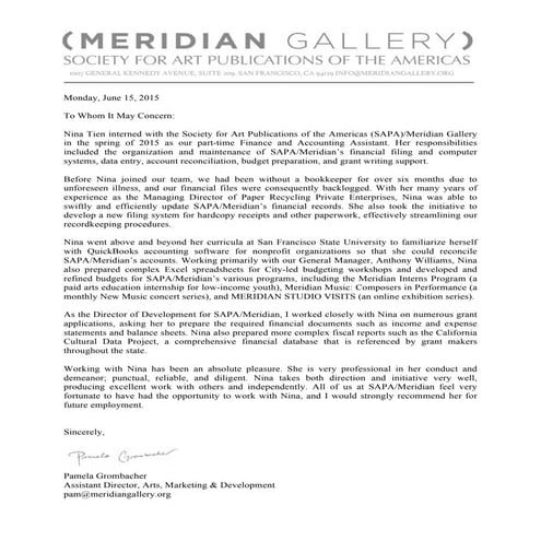 NINA (NGA)TIEN - Recommendation Letter (Meridian Art Gallery) | PDF