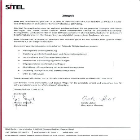 Wie Muss Ein Arbeitszeugnis Aussehen Arbeitszeugnis SITEL | PDF