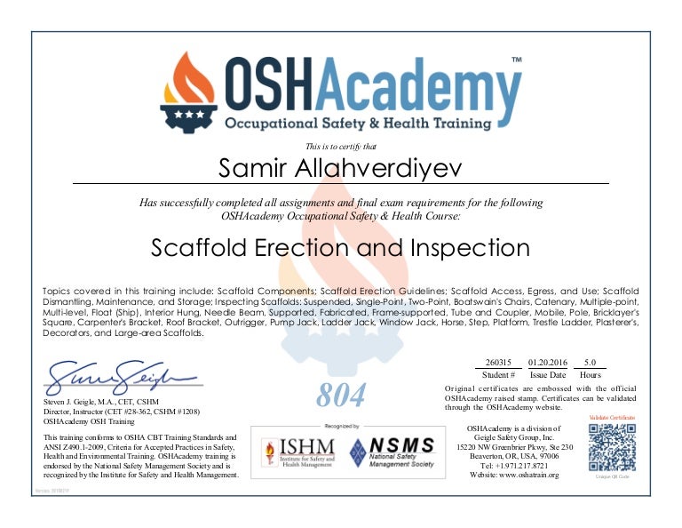 oshacademy course scaffold erection and inspection
