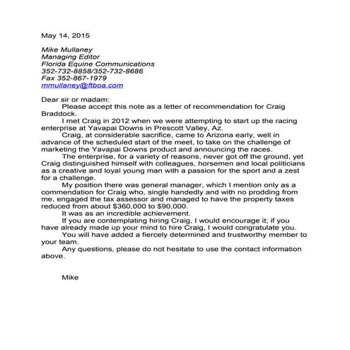 Craig's Letter of Recommendation