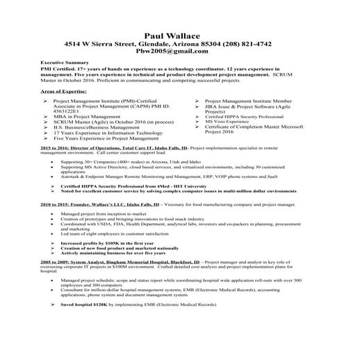 Paul Wallace PMI Certified - Agile Resume 