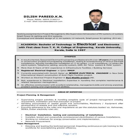Dilish Pareed CV-Senior Electrical      Engineer-construction,consultant