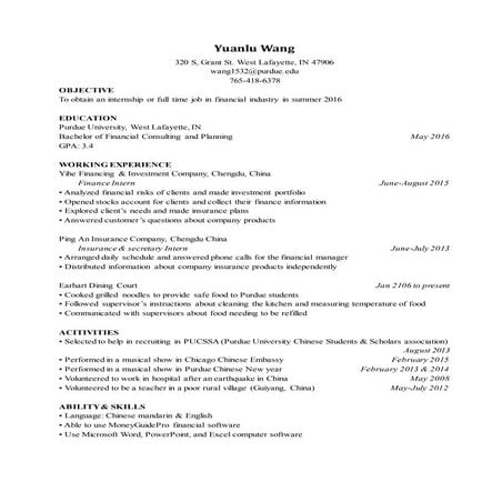 Yuanlu Wang Resume