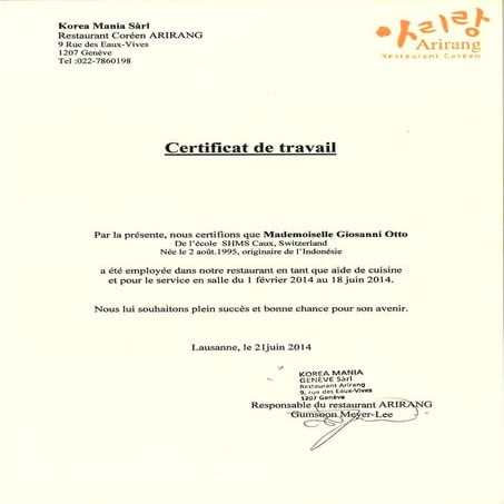 Certificat de Travail